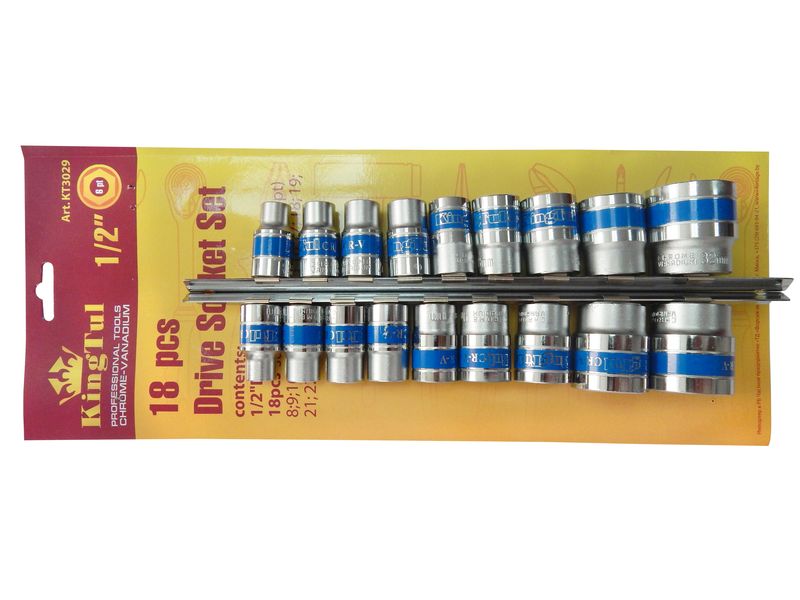 Набор головок на металлической планке 18 предметов,1/2",6-гр. (8-32мм) в блистере KINGTUL profi KT-3. Большой выбор на сайте Трейдимпорт
